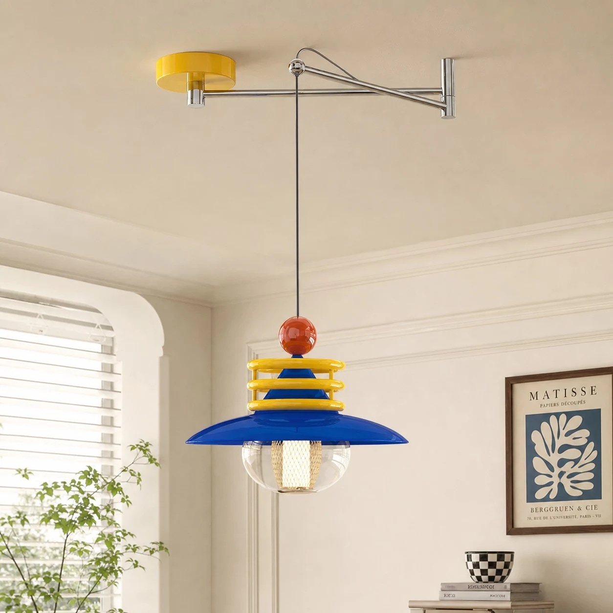 Opção de acabamento para luminária pendente de dopamina nas cores azul, amarelo e vermelho
