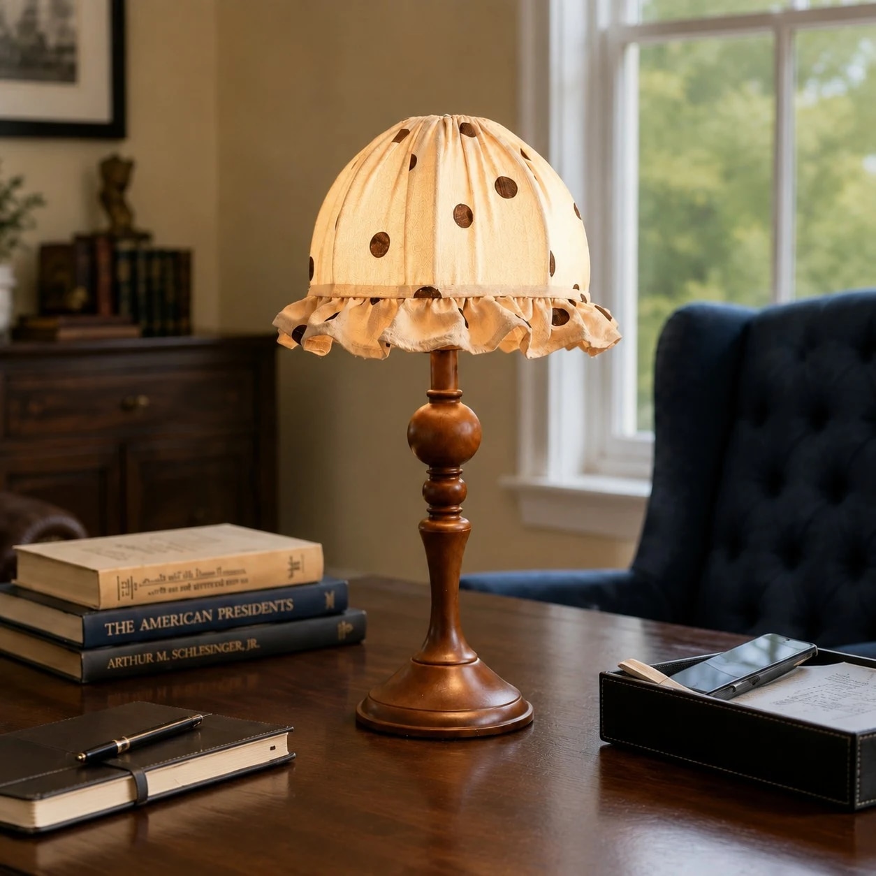 Table lamp lit in a cozy study room