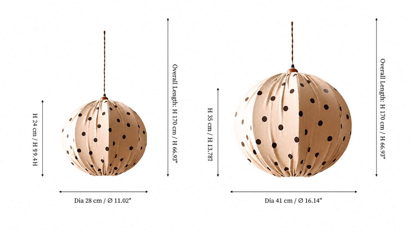 Size diagram for small and large cream polka dot pendant lamps