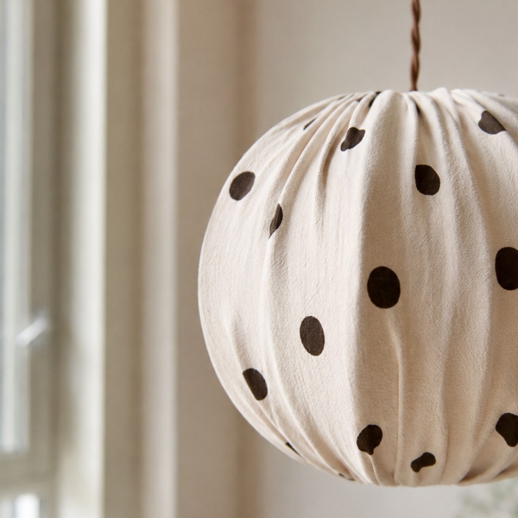 Close view of cream polka dot fabric pendant shade