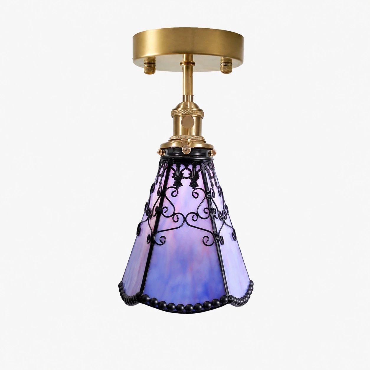 Full product view of purple Tiffany style semi flush ceiling light