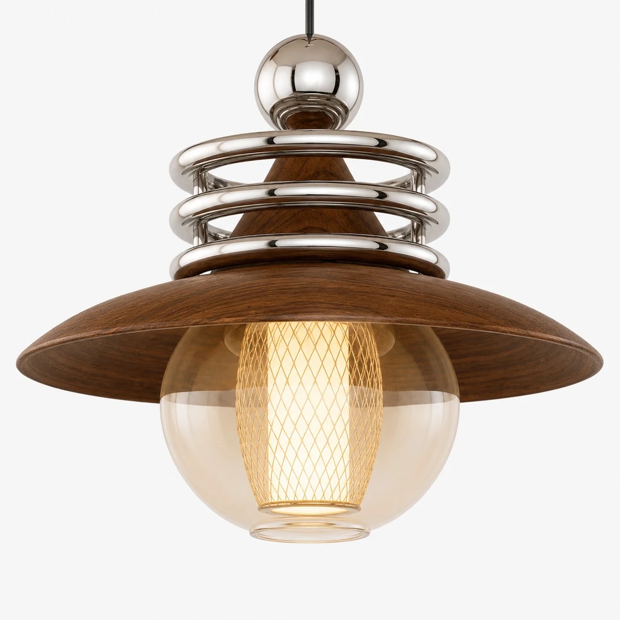Abajur de metal marrom em camadas com globo de vidro e lâmpada de luz quente.