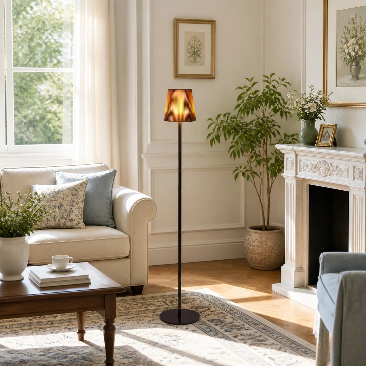 Floor lamp near window and fireplace