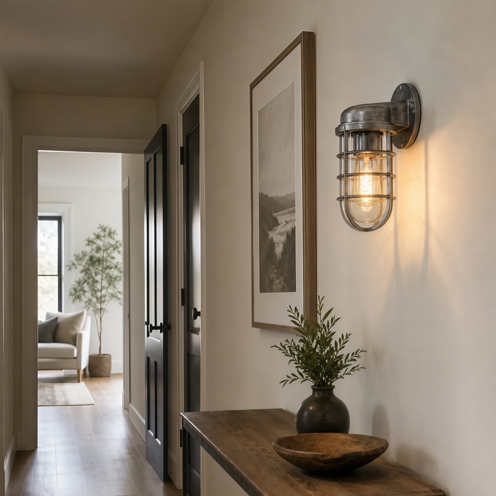 Aplique de pared de cristal transparente Patnox en un pasillo