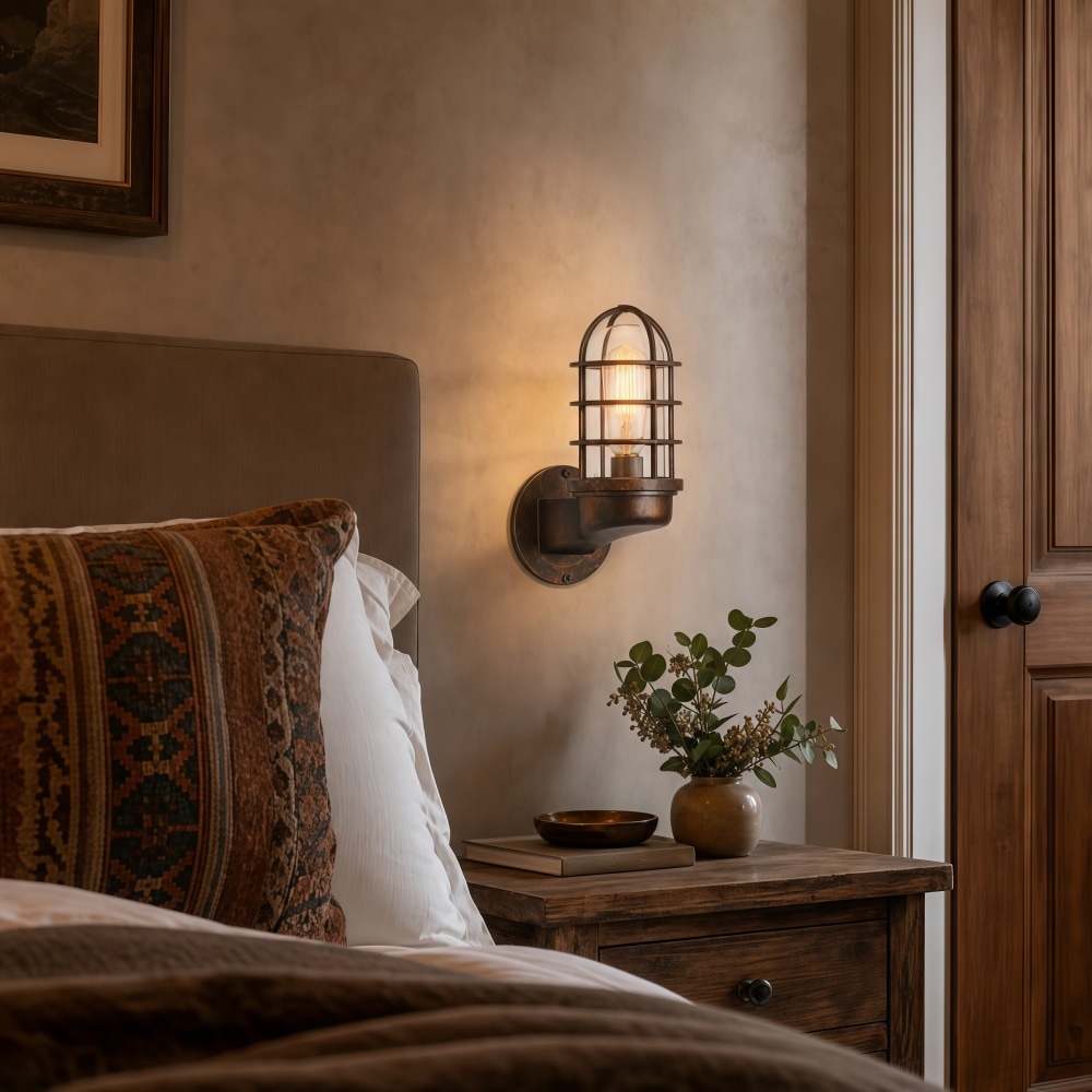 Aplique de pared de cristal transparente Patnox junto a la cama