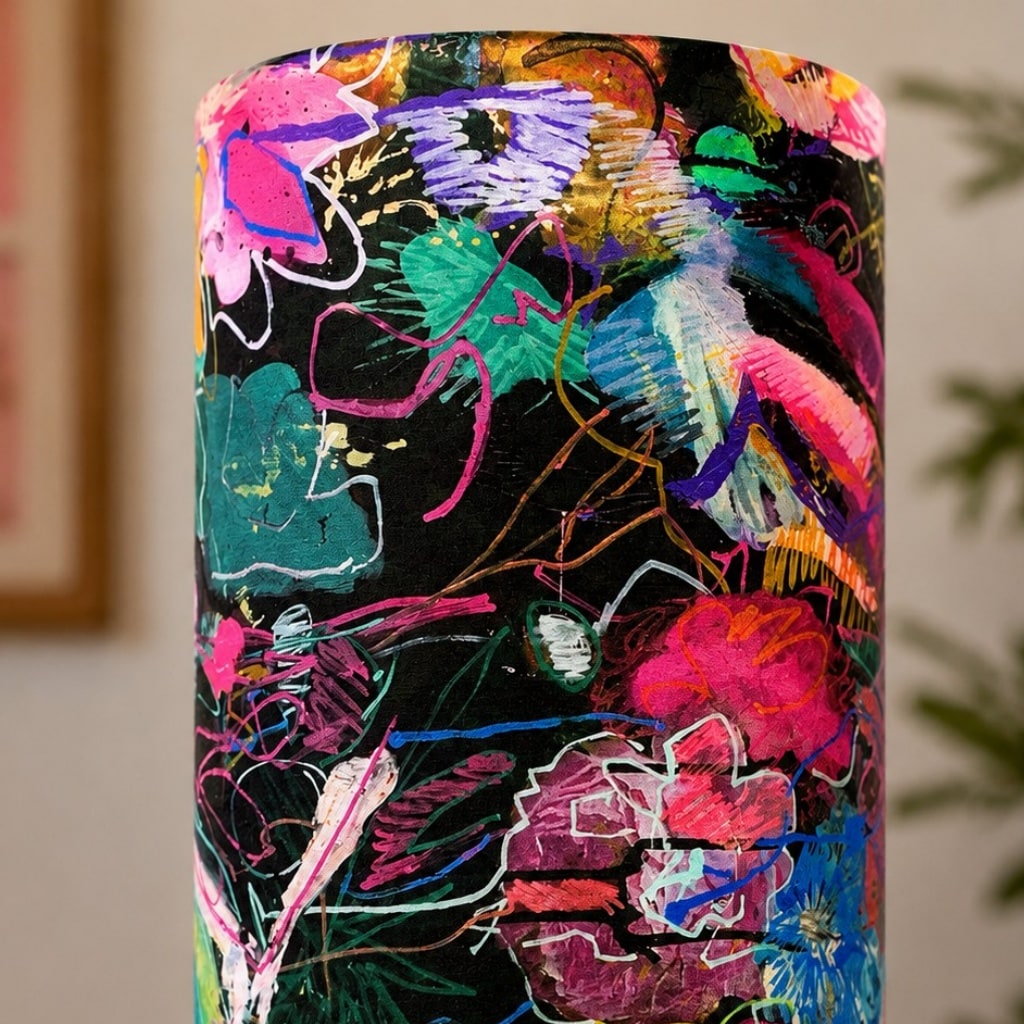 Close detail of the painted floral fabric shade