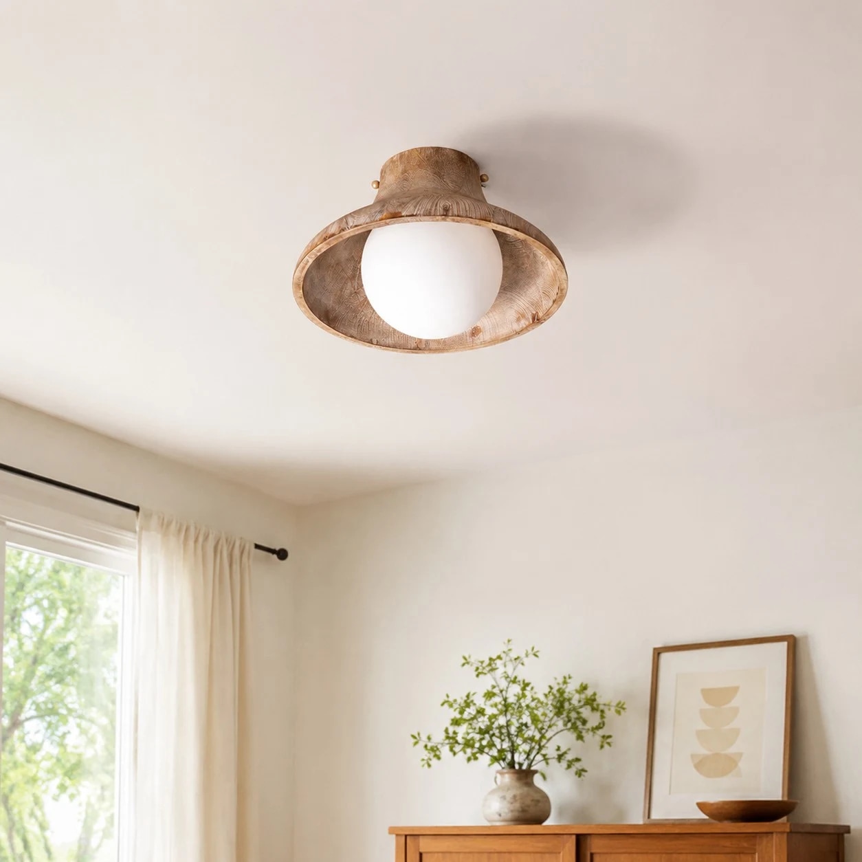 Natural wood ceiling light installed above a bright room corner
