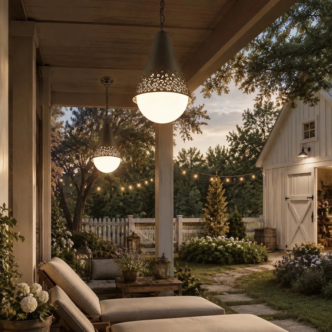 Baoxela outdoor pendant light installed on covered garden patio at dusk