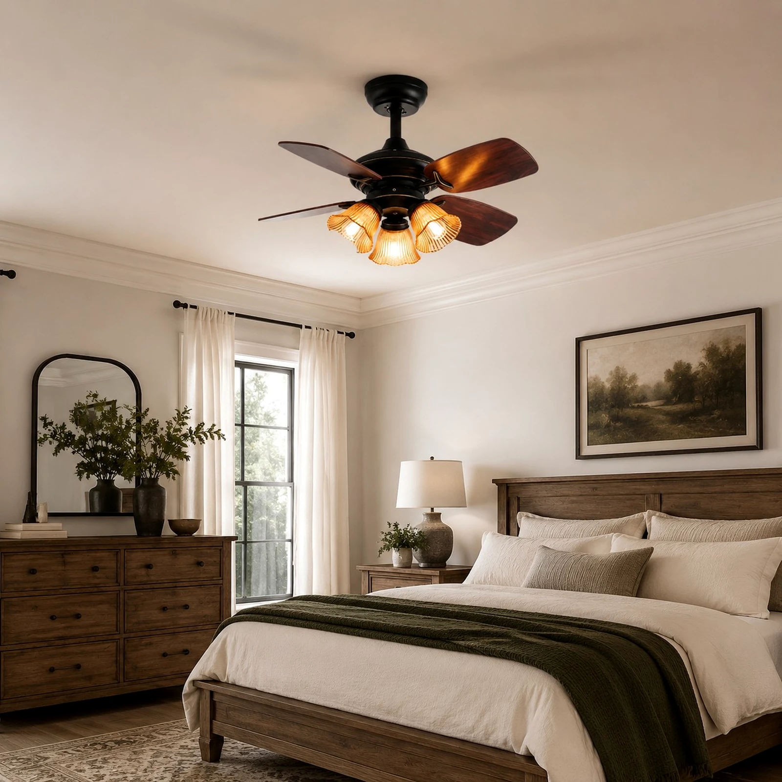 Ventilador de teto com luminária de vidro âmbar preto instalado em um quarto.