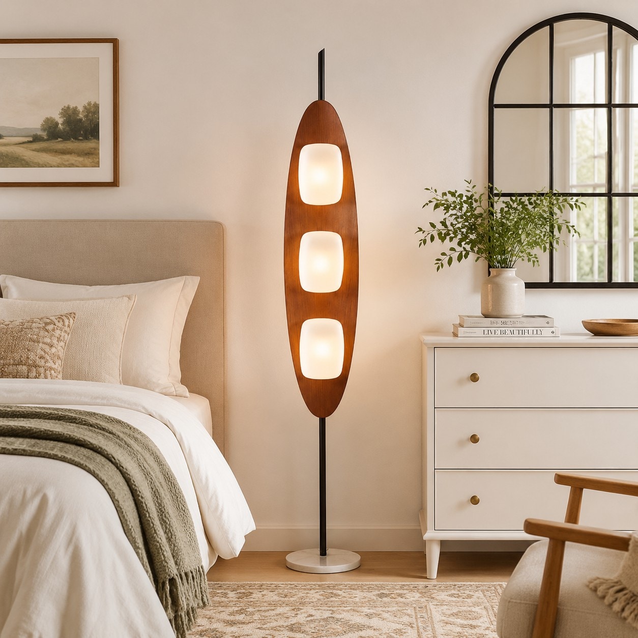 Luminária de chão Bauhaus em tom de nogueira ao lado da cama e da cômoda em um quarto aconchegante.