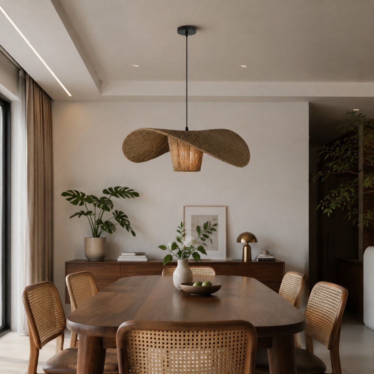 Lampadario a sospensione intrecciato a mano con un caldo stile d'interni.