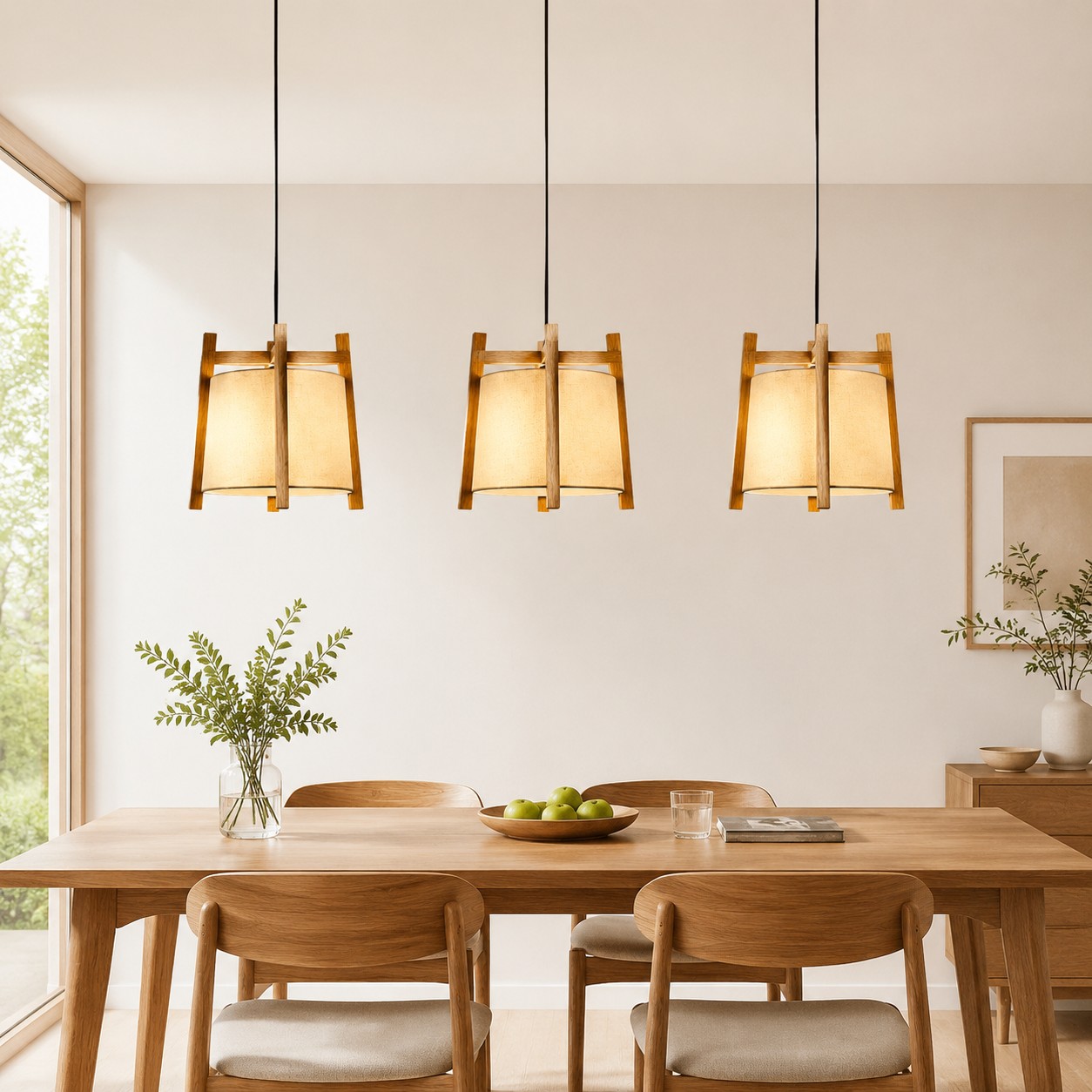 Natural wood pendant lights in a bright dining room