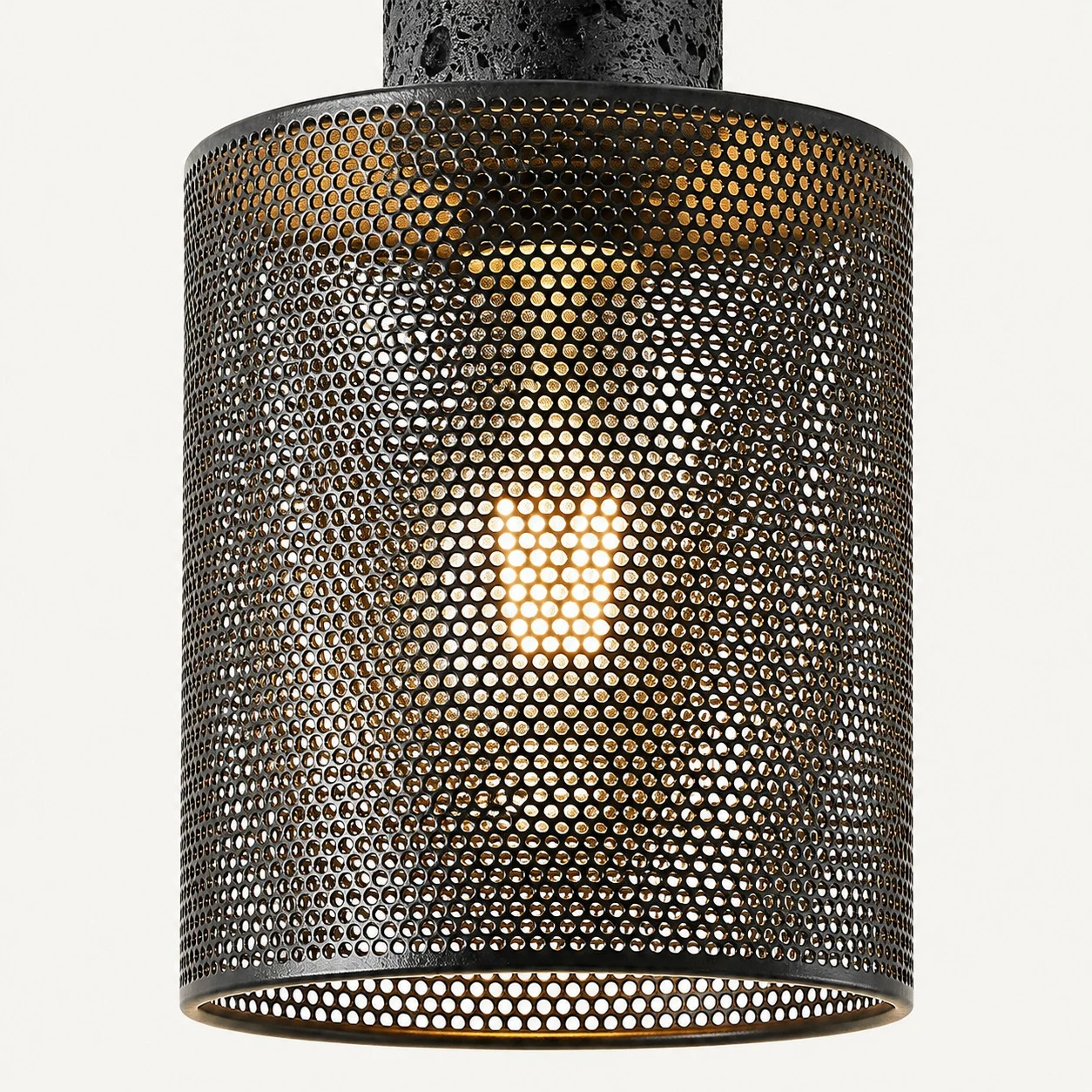 Perforated black mesh pendant shade detail