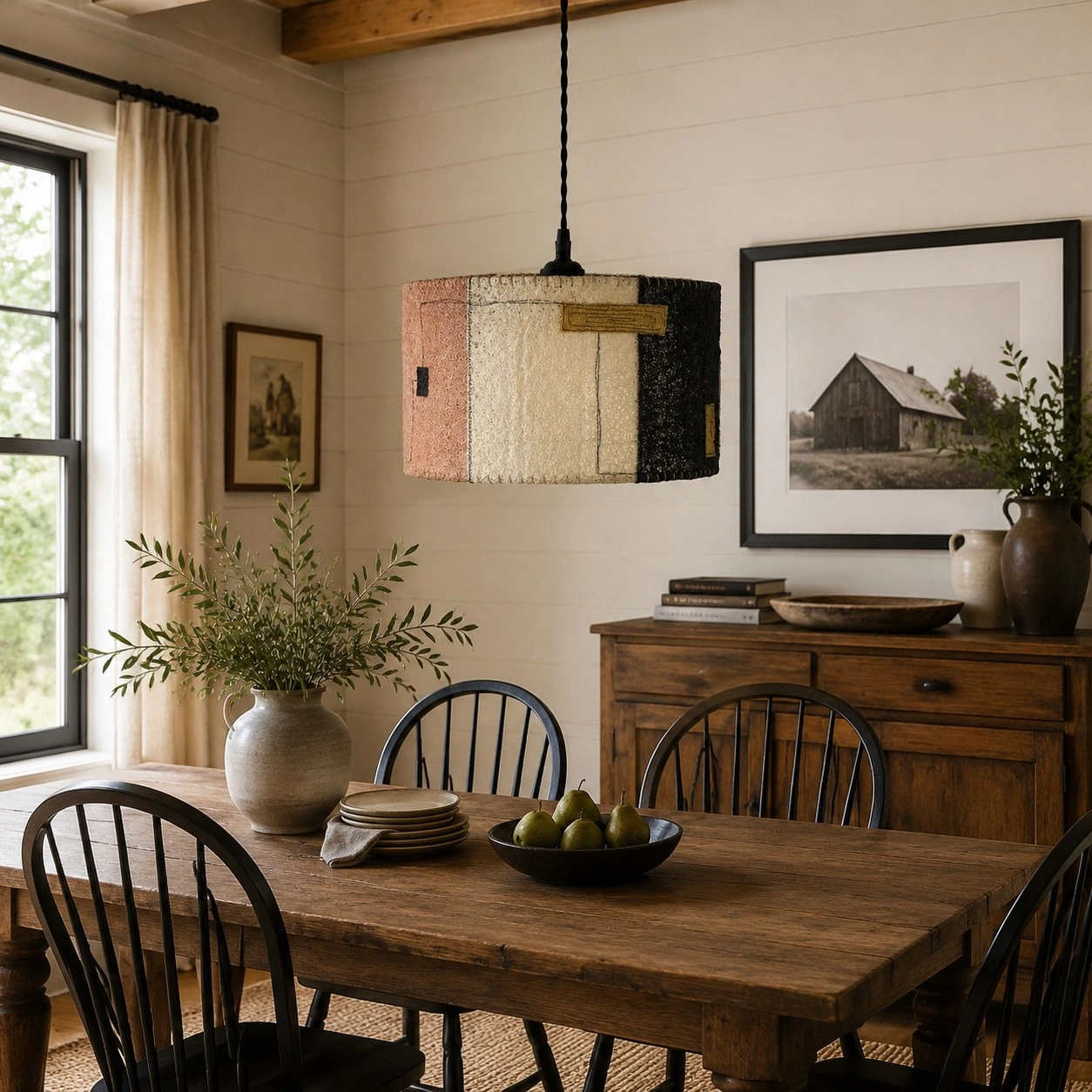 Natural loofah pendant light in a warm dining room