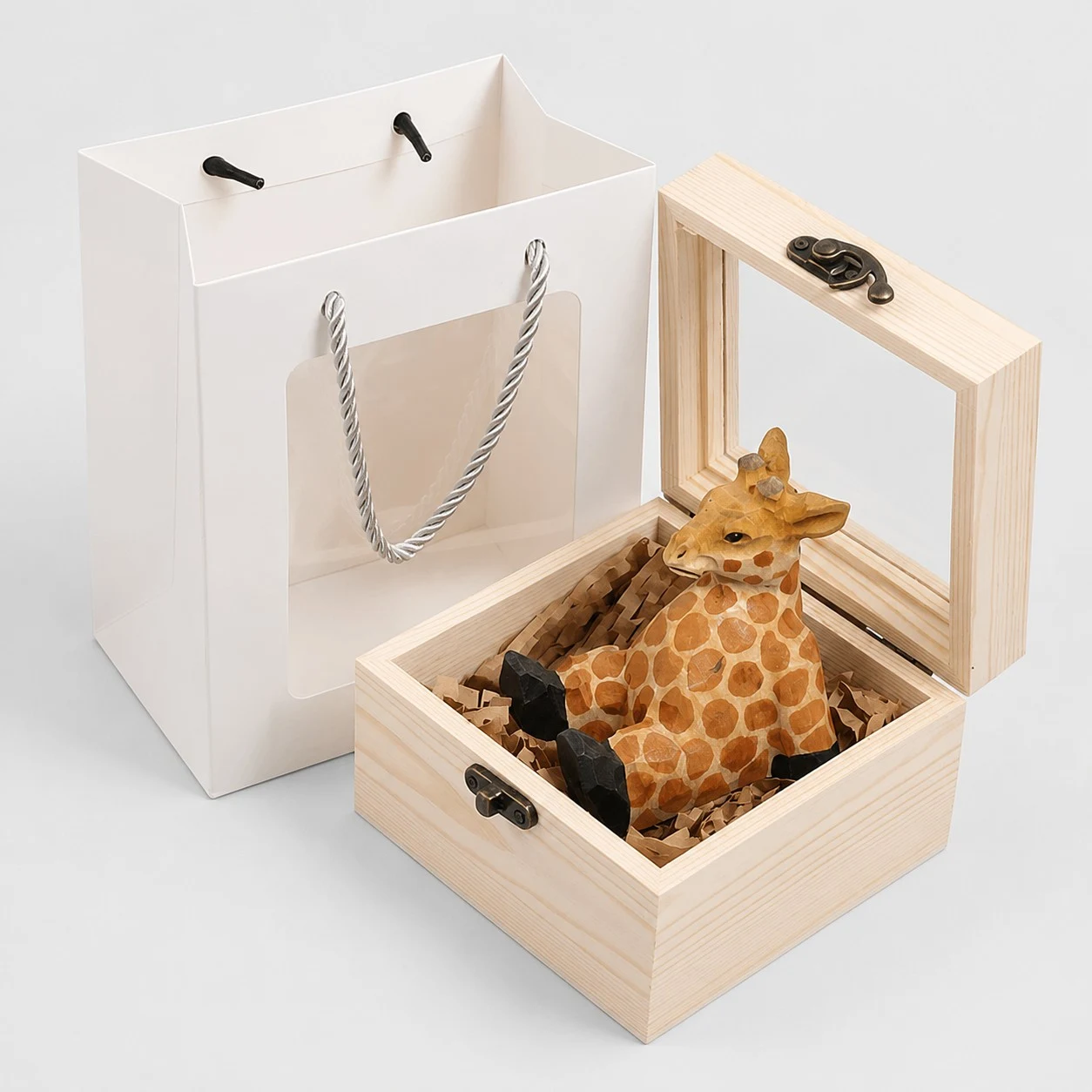 Set regalo a forma di giraffa con supporto per telefono in legno intagliato a mano a forma di animale.