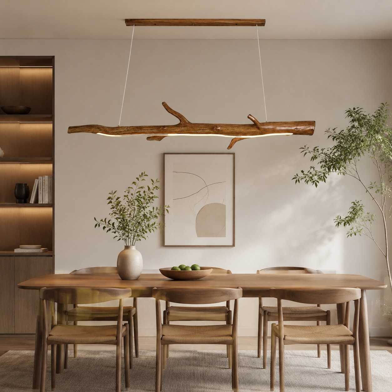 Luminária pendente linear em resina cor madeira, estilo galho, para sala de jantar.