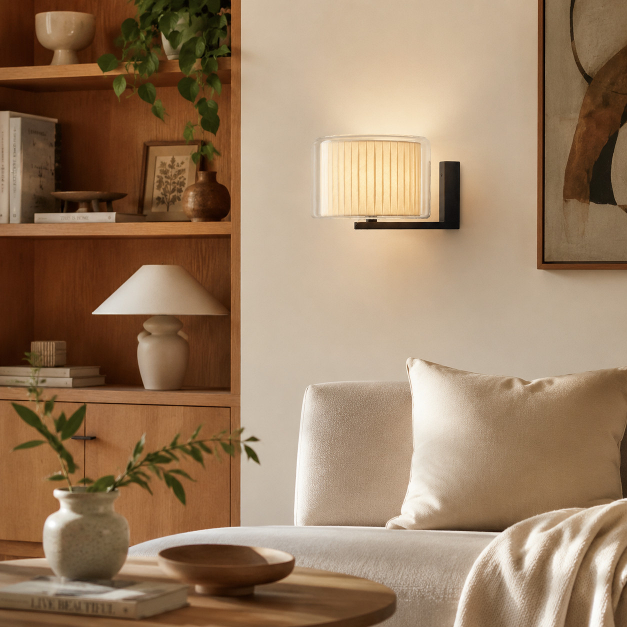 Black base Bauhaus wall sconce in a warm living room scene