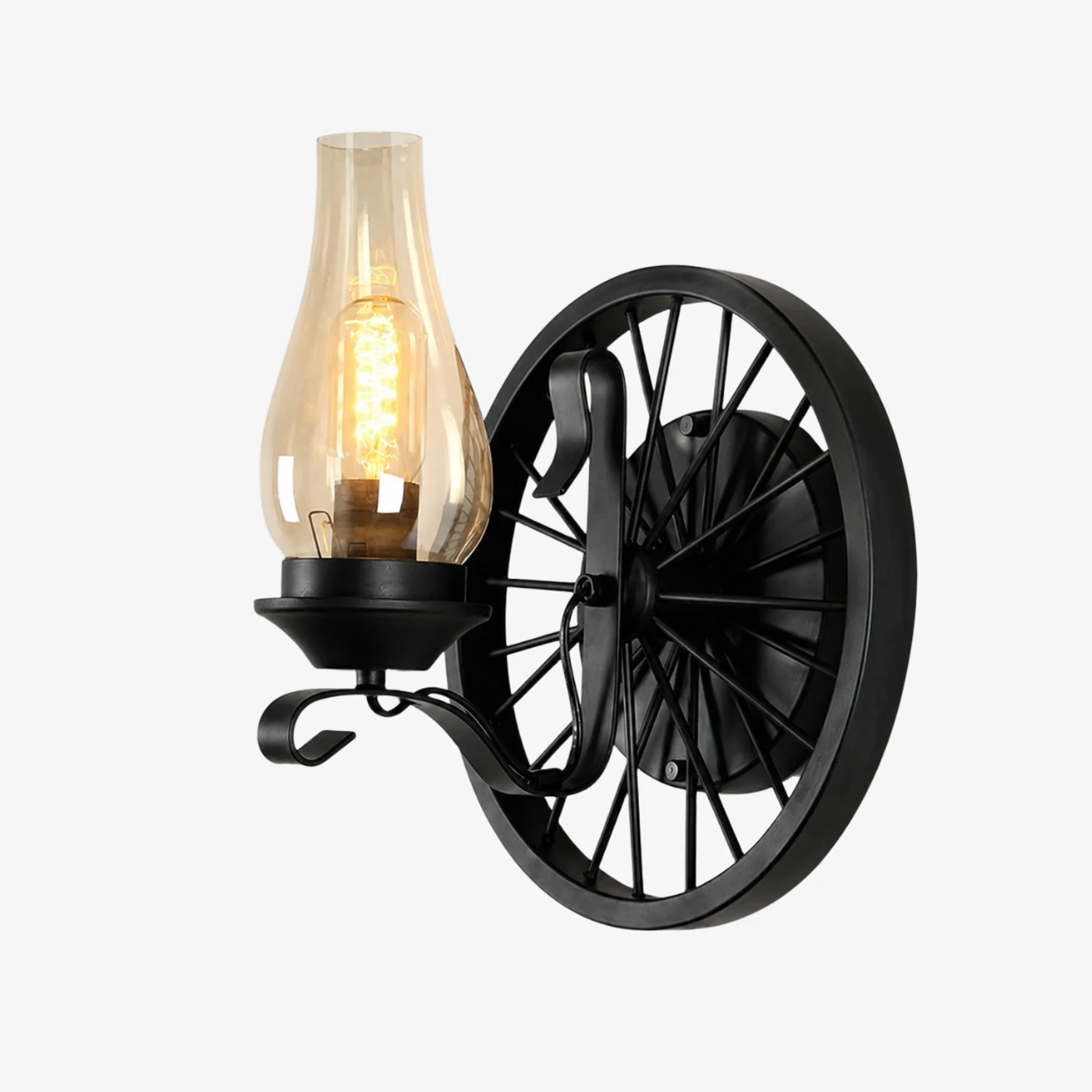 Aplique de pared negro de una sola cabeza con forma de rueda de carreta.