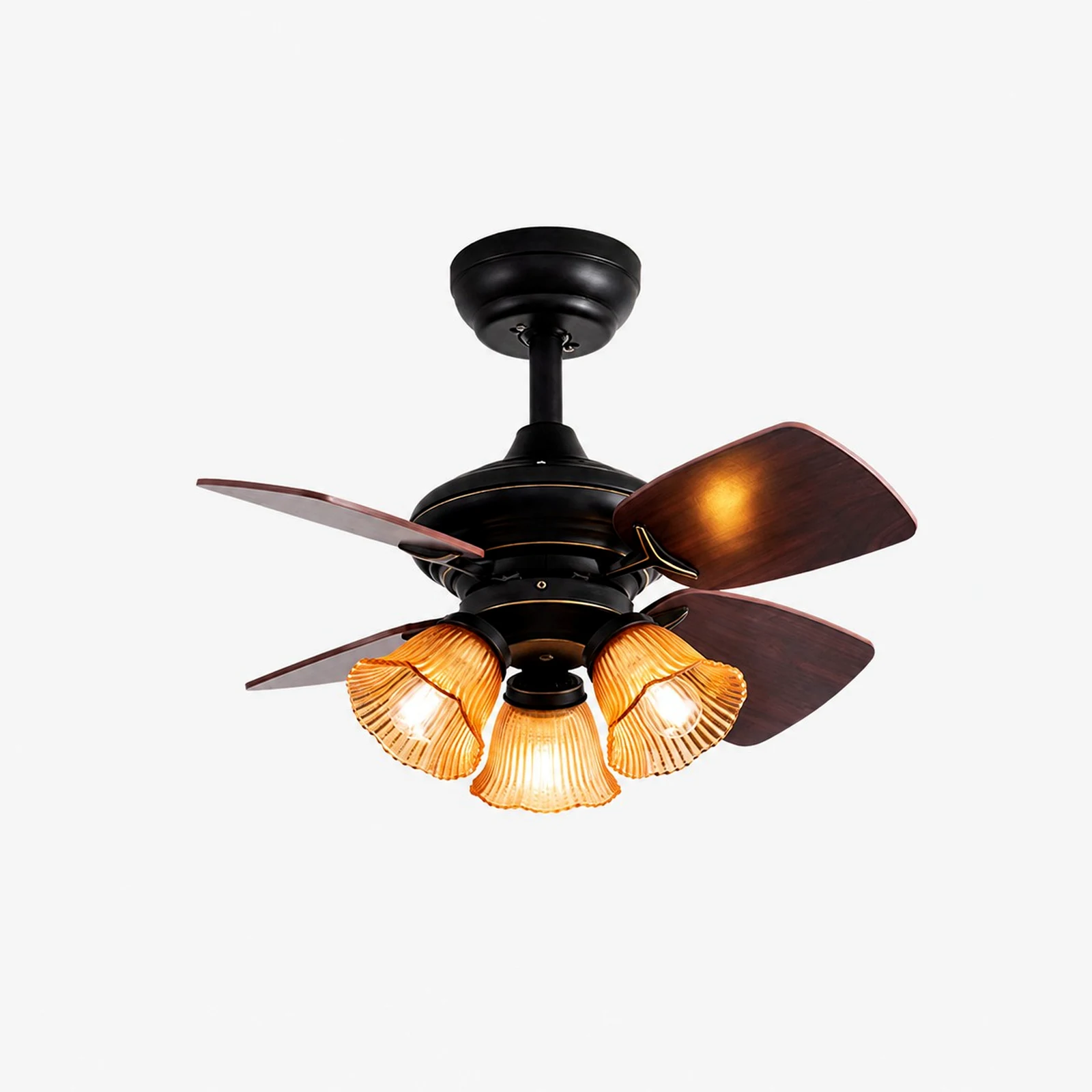 Luminária de teto com ventilador de teto em vidro âmbar preto, estilo haste suspensa