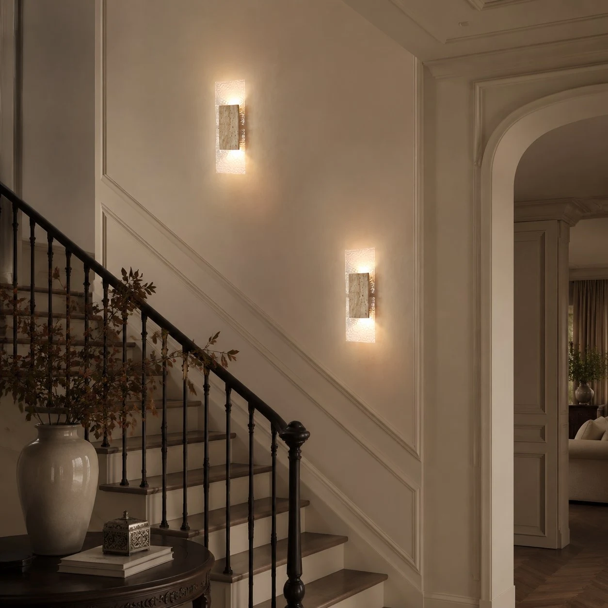 Pair of wall sconces installed beside a staircase