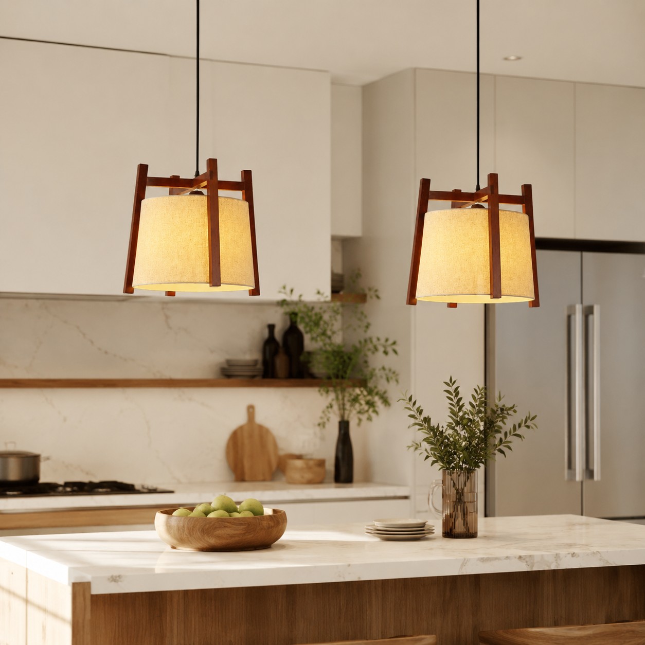 Walnut fabric pendant lights above kitchen island