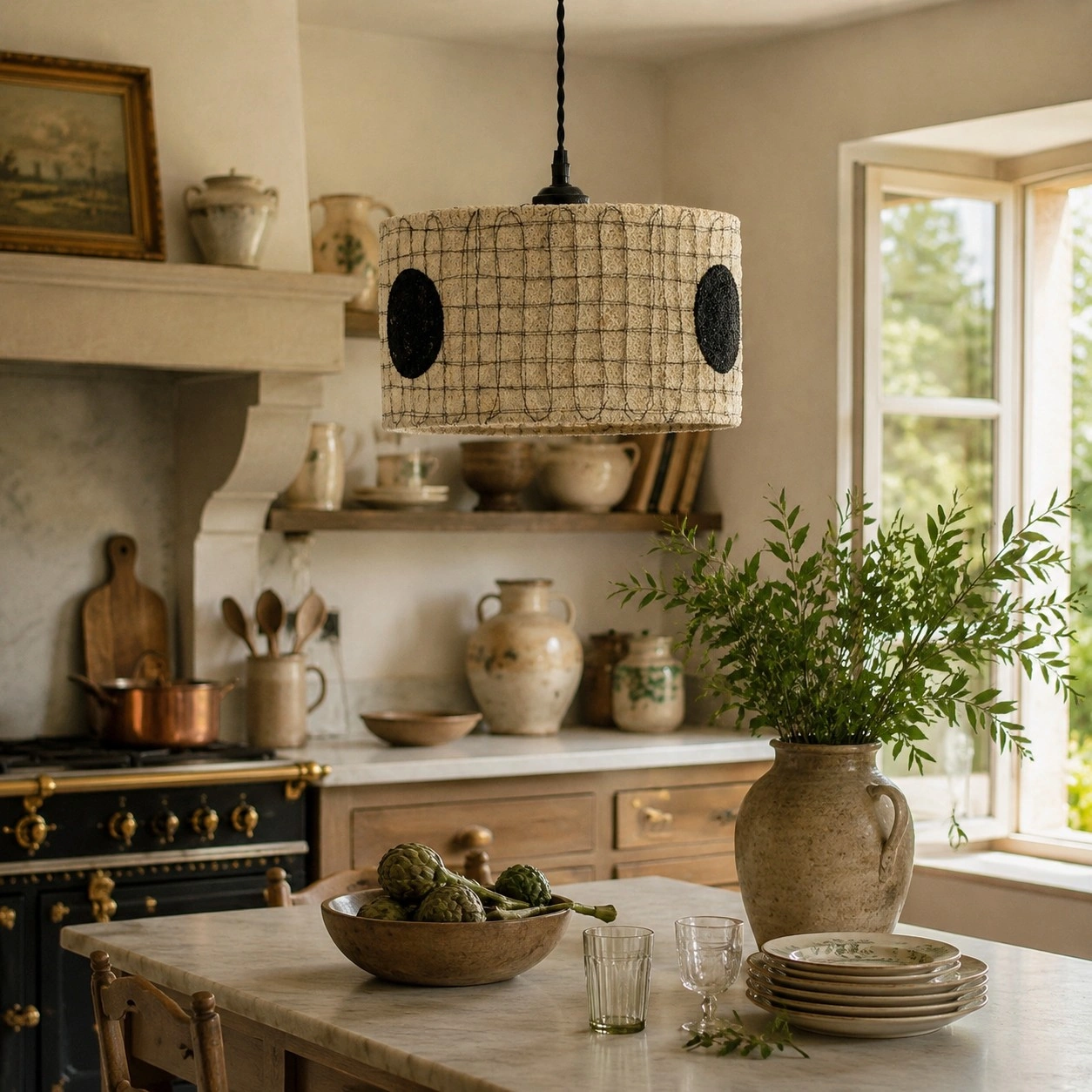 Natural loofah pendant light in a kitchen setting