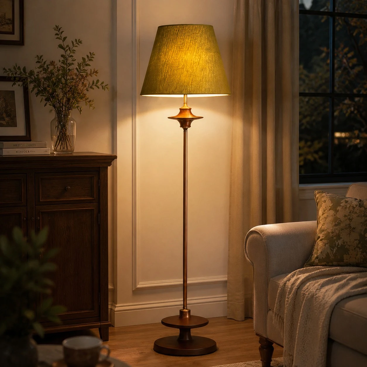 Luminária de chão vintage criando uma atmosfera aconchegante na sala de estar.