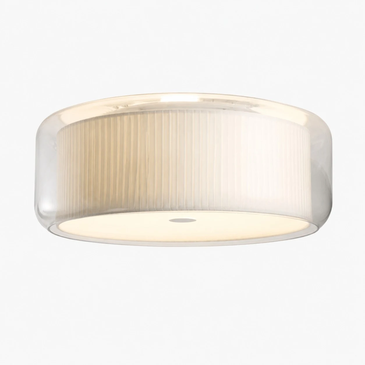 Luminária de teto estilo A, em vidro branco e tecido.