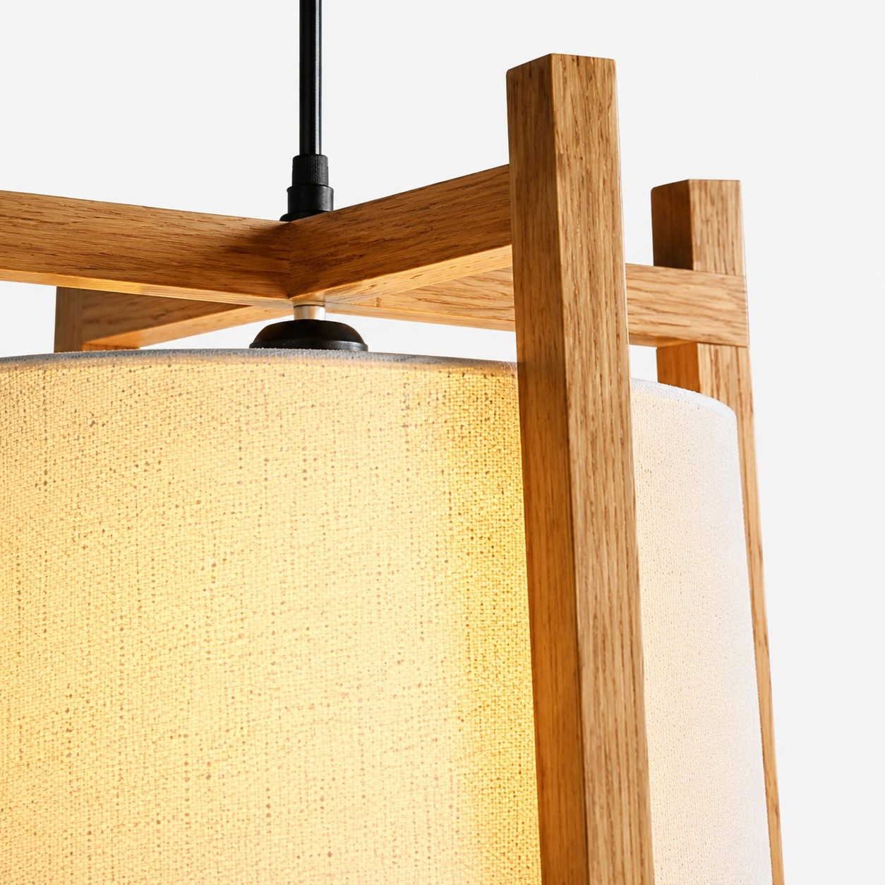 Natural wood finish frame and fabric shade close-up