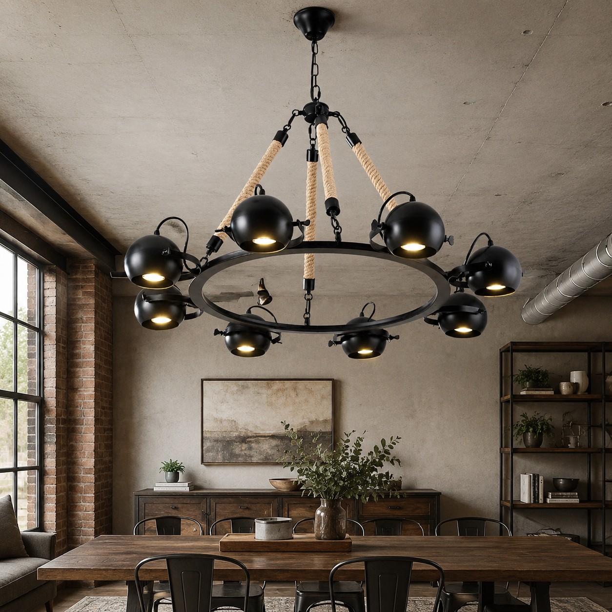 Lustre de corda com oito braços sobre uma mesa de jantar aconchegante em um ambiente industrial.