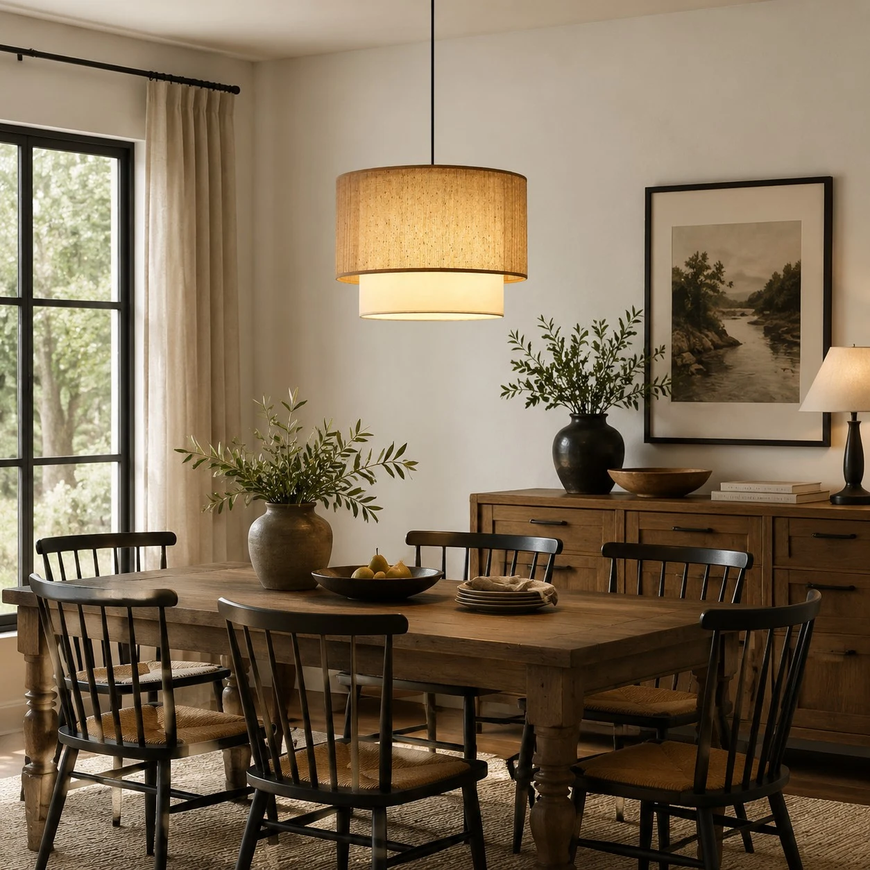 Linen pendant lamp above a warm dining table.