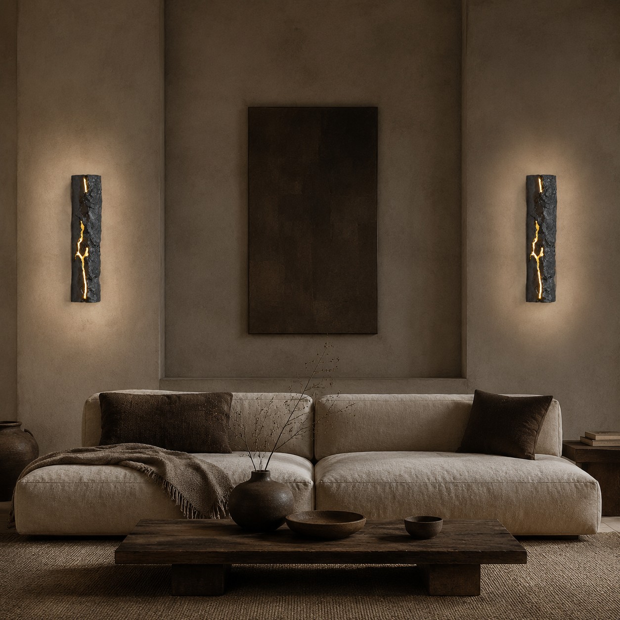 Conjunto de dois apliques de parede em resina escura com efeito craquelado em uma sala de estar aconchegante.