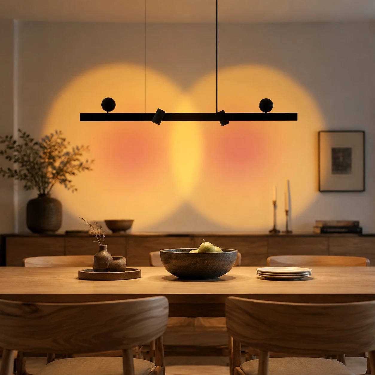 Luminária pendente linear preta sobre uma mesa de jantar com iluminação de parede em tom quente.