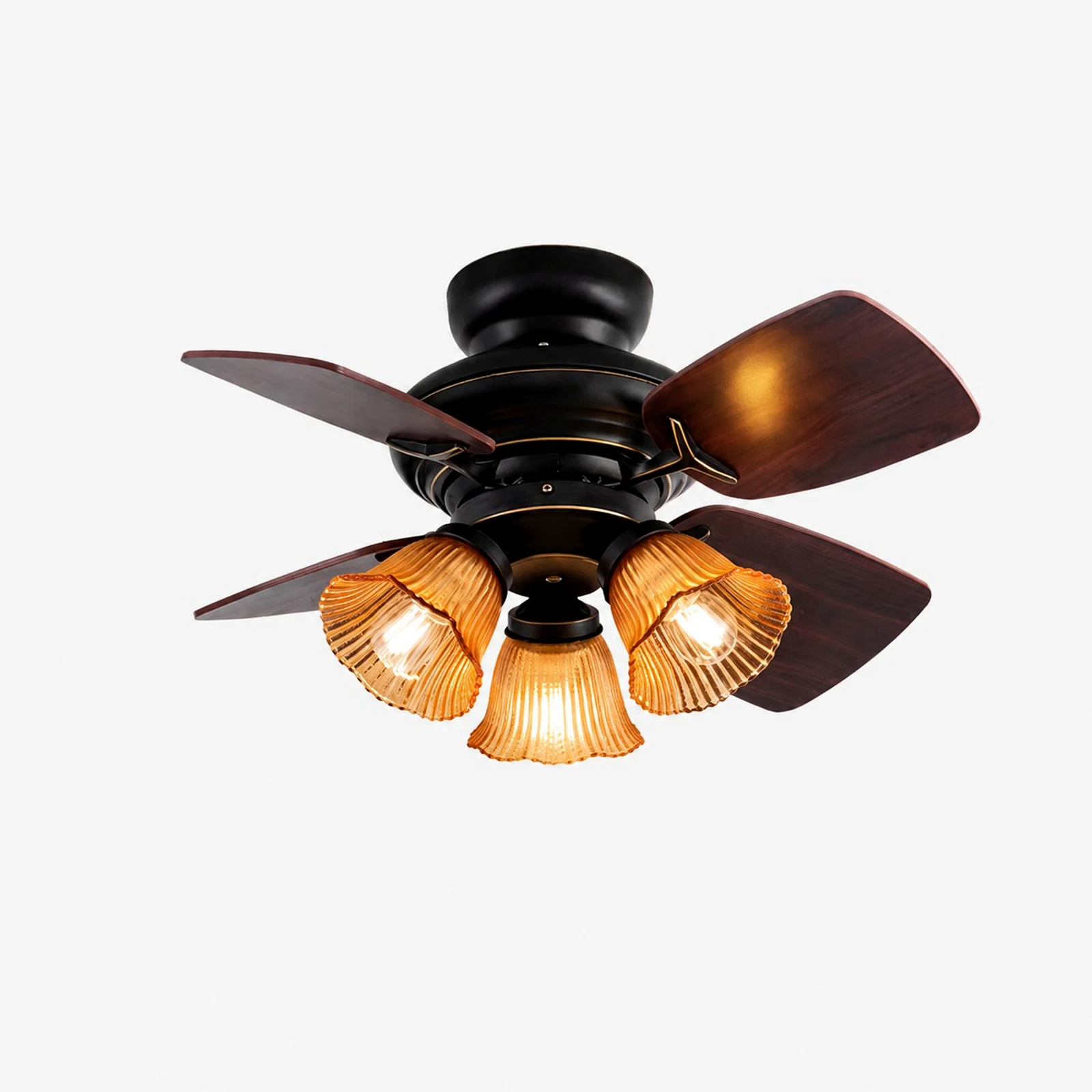 Perfil frontal da luminária de teto com ventilador de teto em vidro âmbar preto