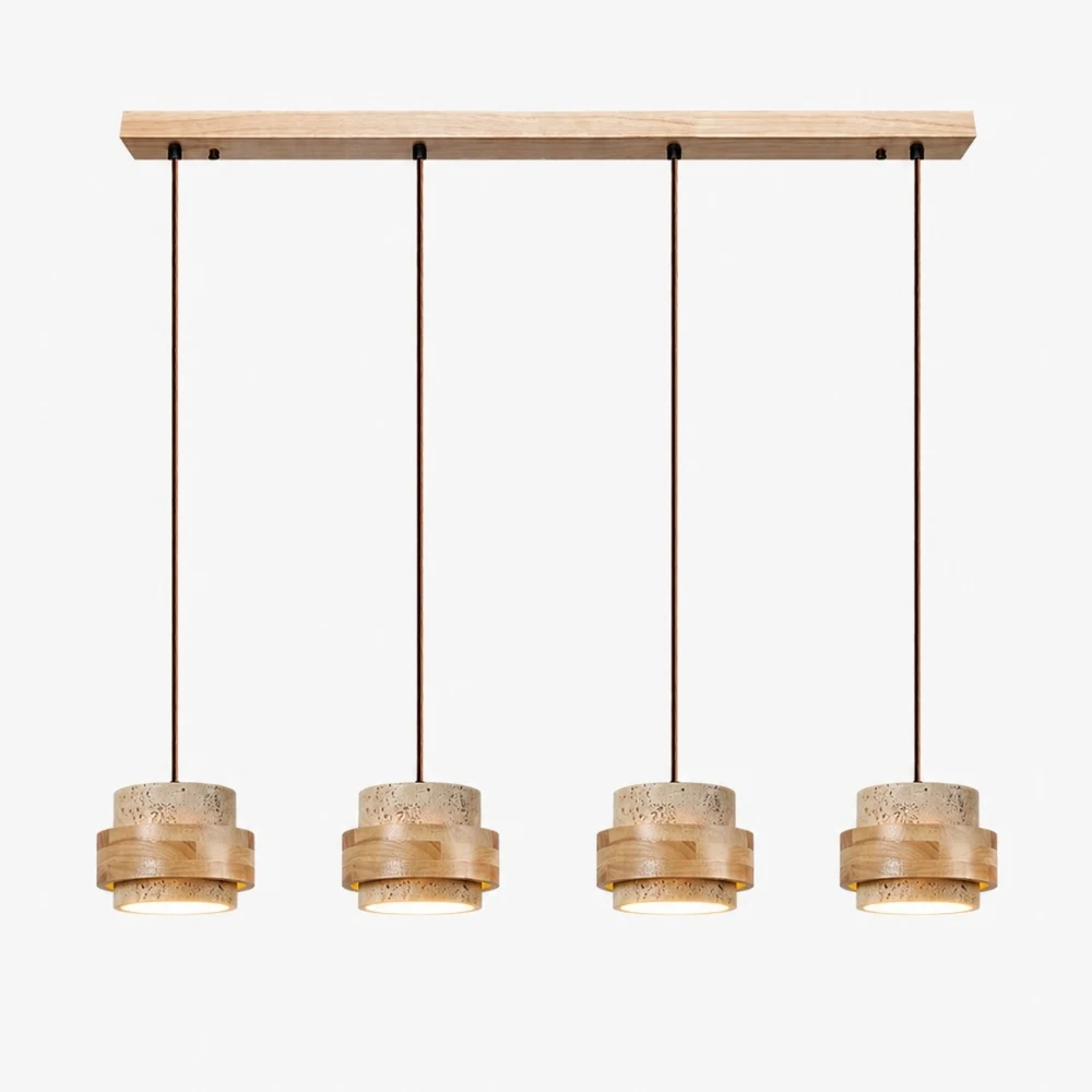 Travertine wood four light linear pendant lamp full view