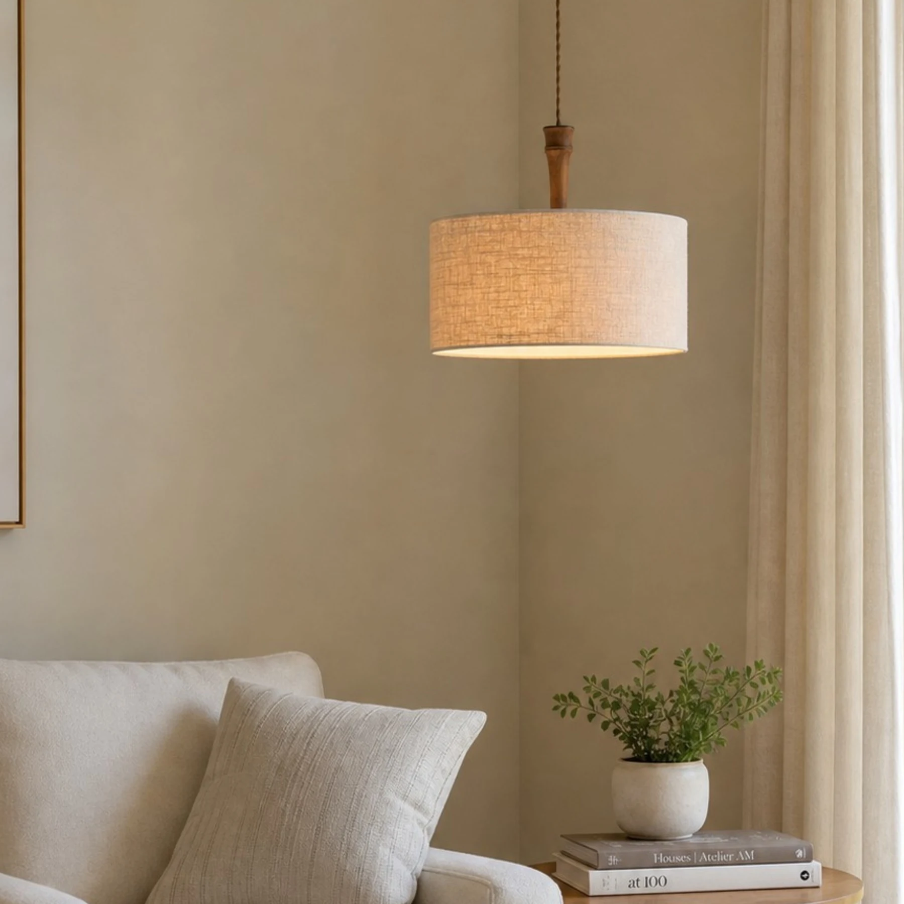 Natural linen drum pendant lamp beside a bed