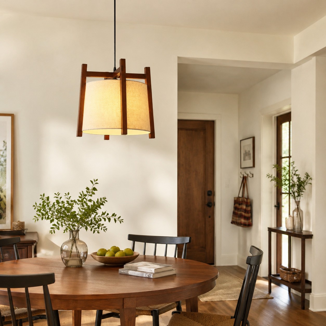 Single walnut fabric pendant above a dining table