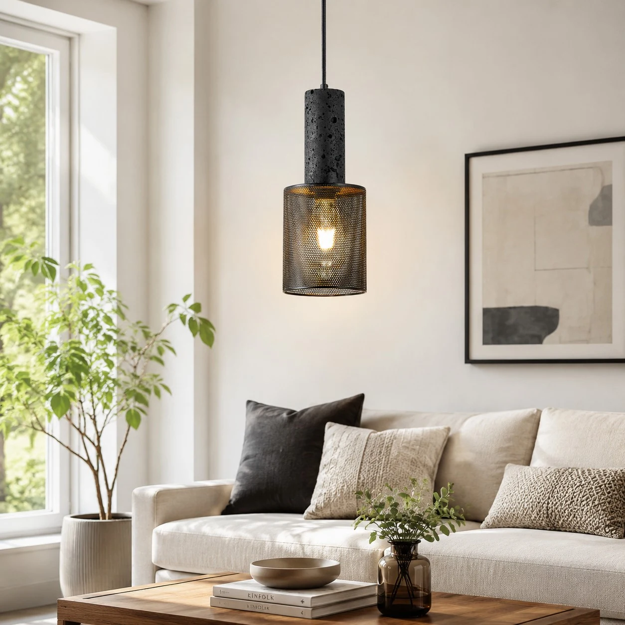 Black pendant light in a neutral living room