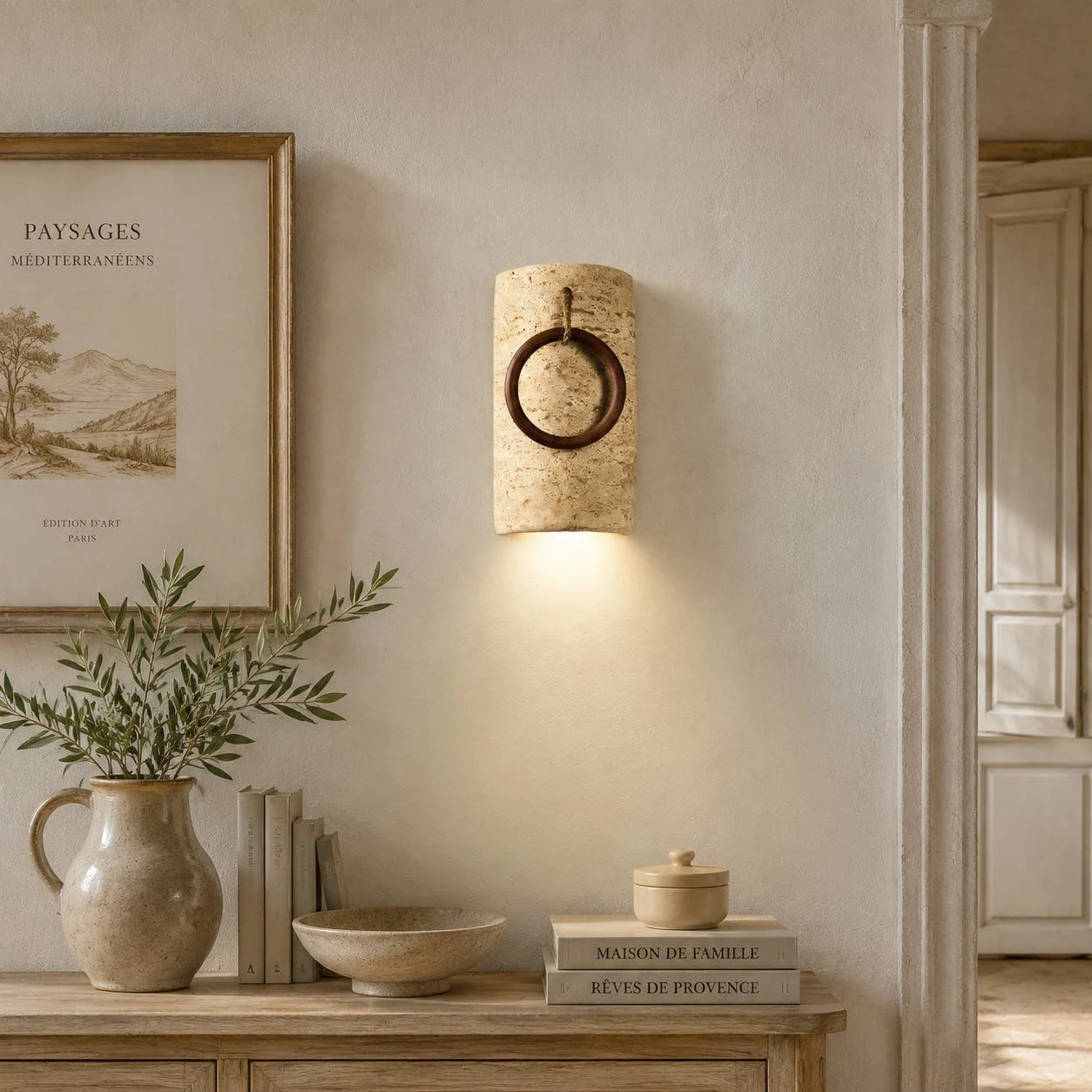 Warm wall sconce installed above a console in a textured living room