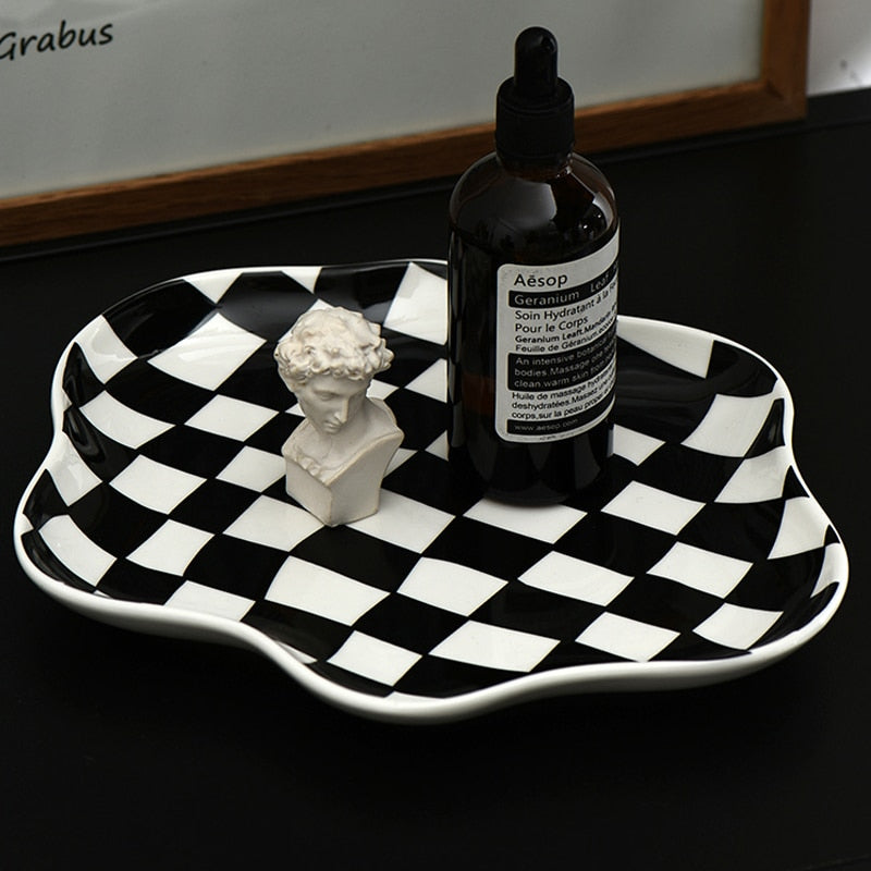 Nordic Checkerboard Ceramic Jewelry Plate