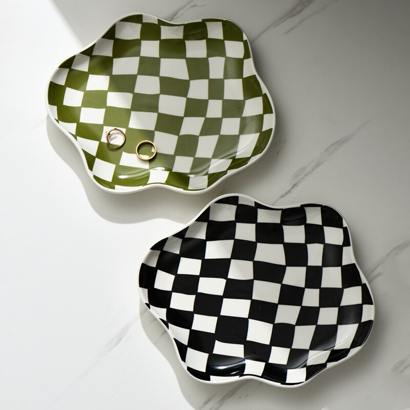 Nordic Checkerboard Ceramic Jewelry Plate