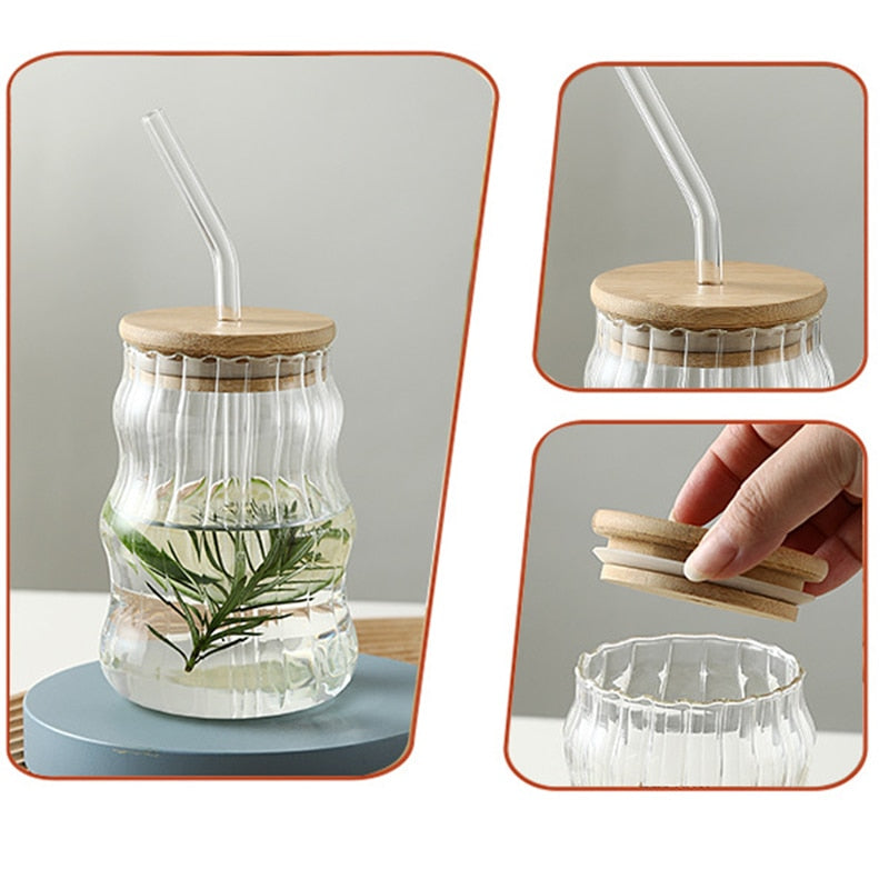 Glass Tumblers Cups With Straw & Lid