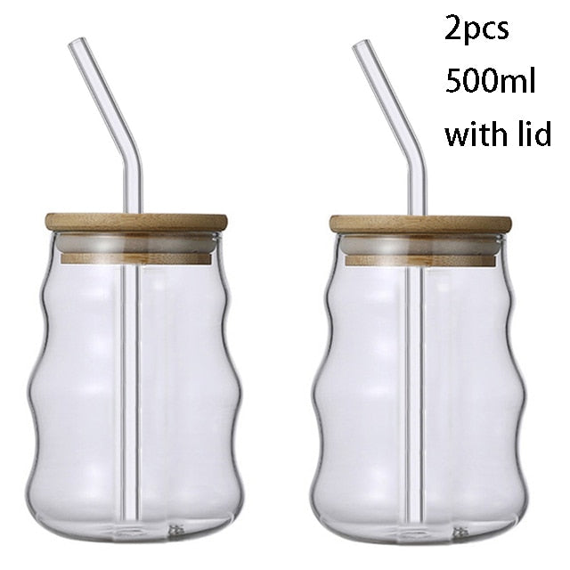 Glass Tumblers Cups With Straw & Lid