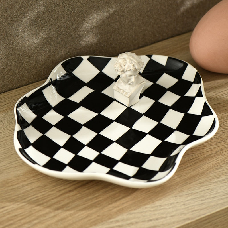 Nordic Checkerboard Ceramic Jewelry Plate