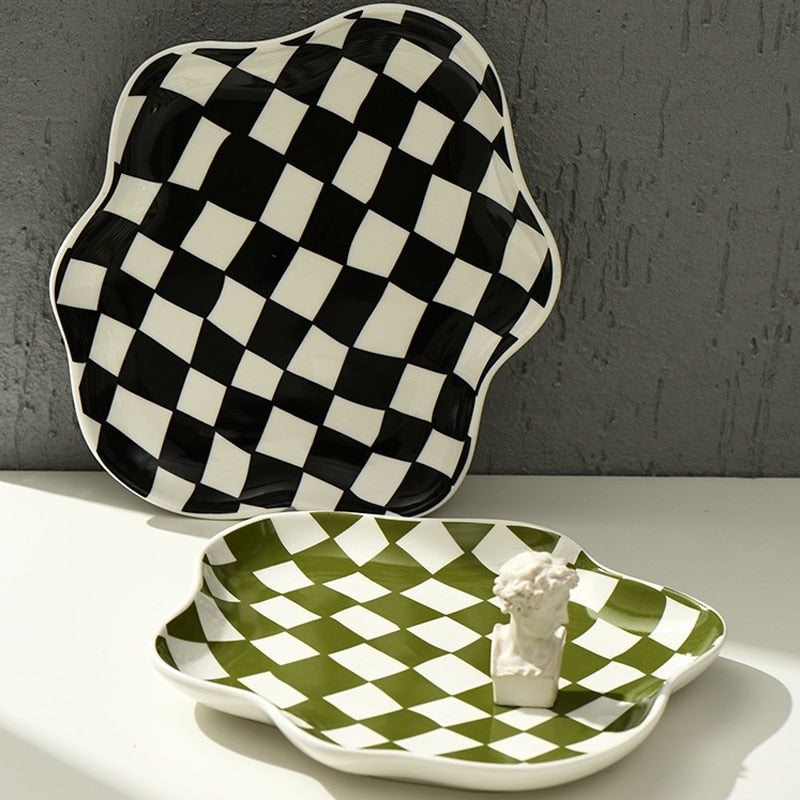 Nordic Checkerboard Ceramic Jewelry Plate