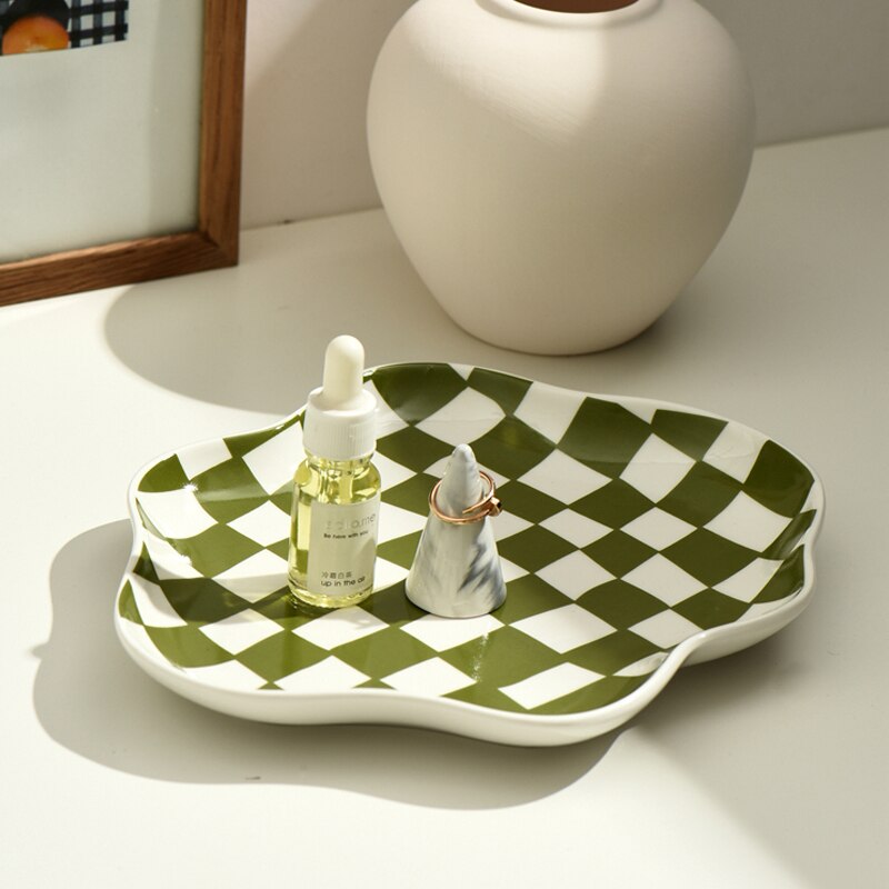Nordic Checkerboard Ceramic Jewelry Plate
