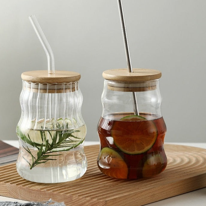 Glass Tumblers Cups With Straw & Lid