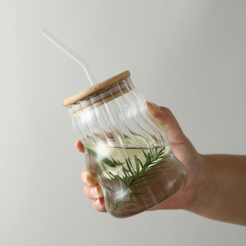 Glass Tumblers Cups With Straw & Lid