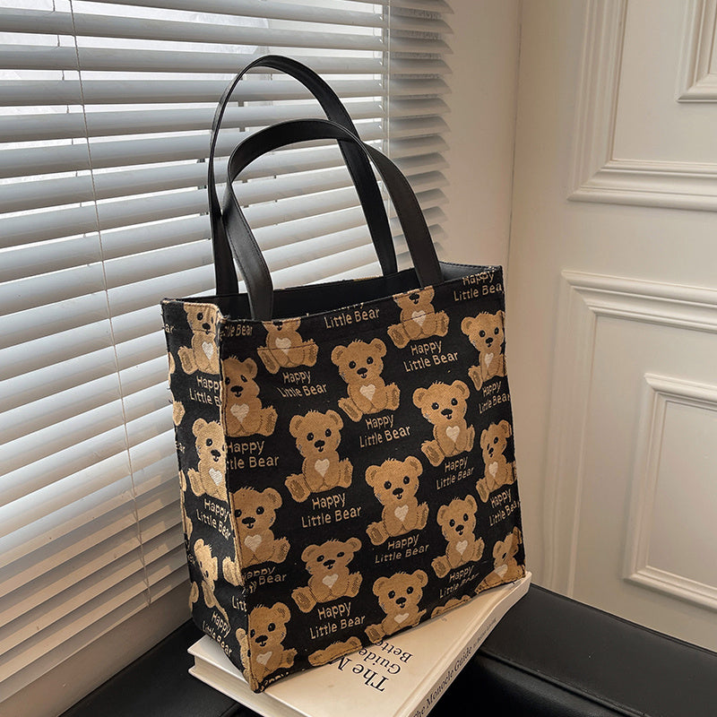Cute Mini Canvas Tote Bag for Women with Small Teddy Bear Design