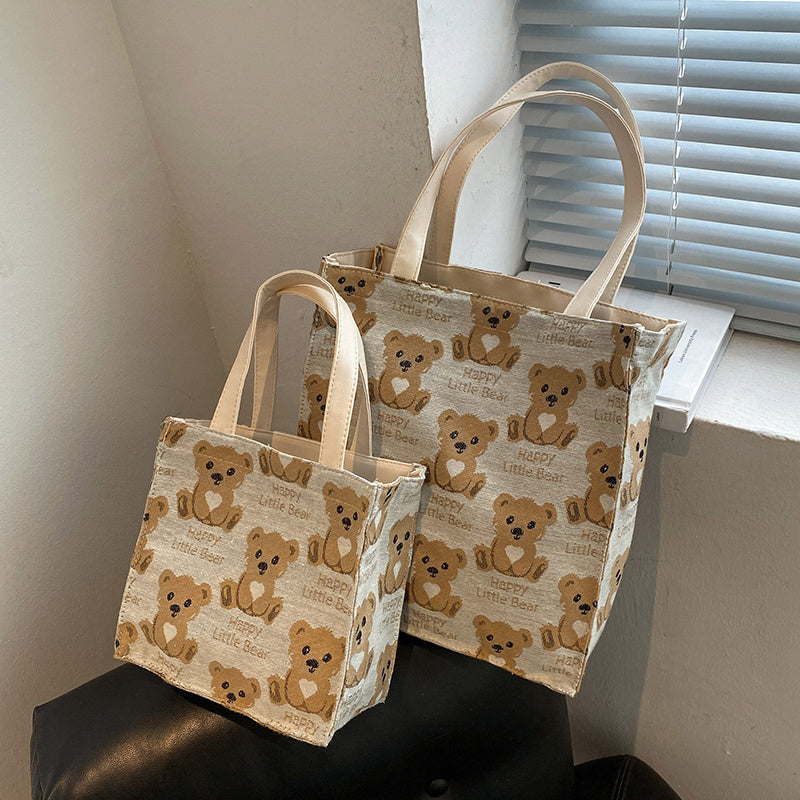 Cute Mini Canvas Tote Bag for Women with Small Teddy Bear Design